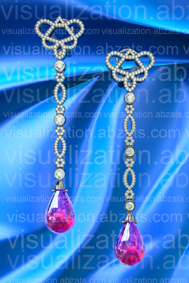 Серьги с бриллиантами и рубеллитами, 3D-Max, Vray