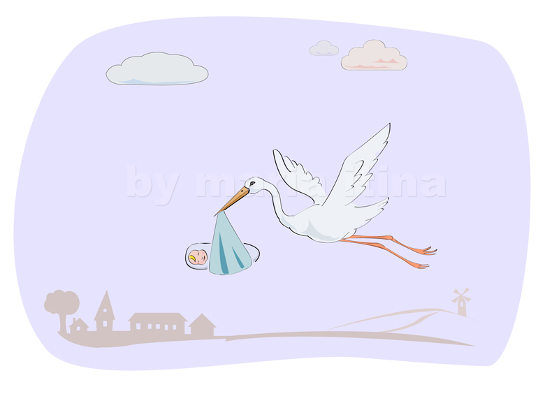 аист несущий ребенка. A stork caring a newborn baby