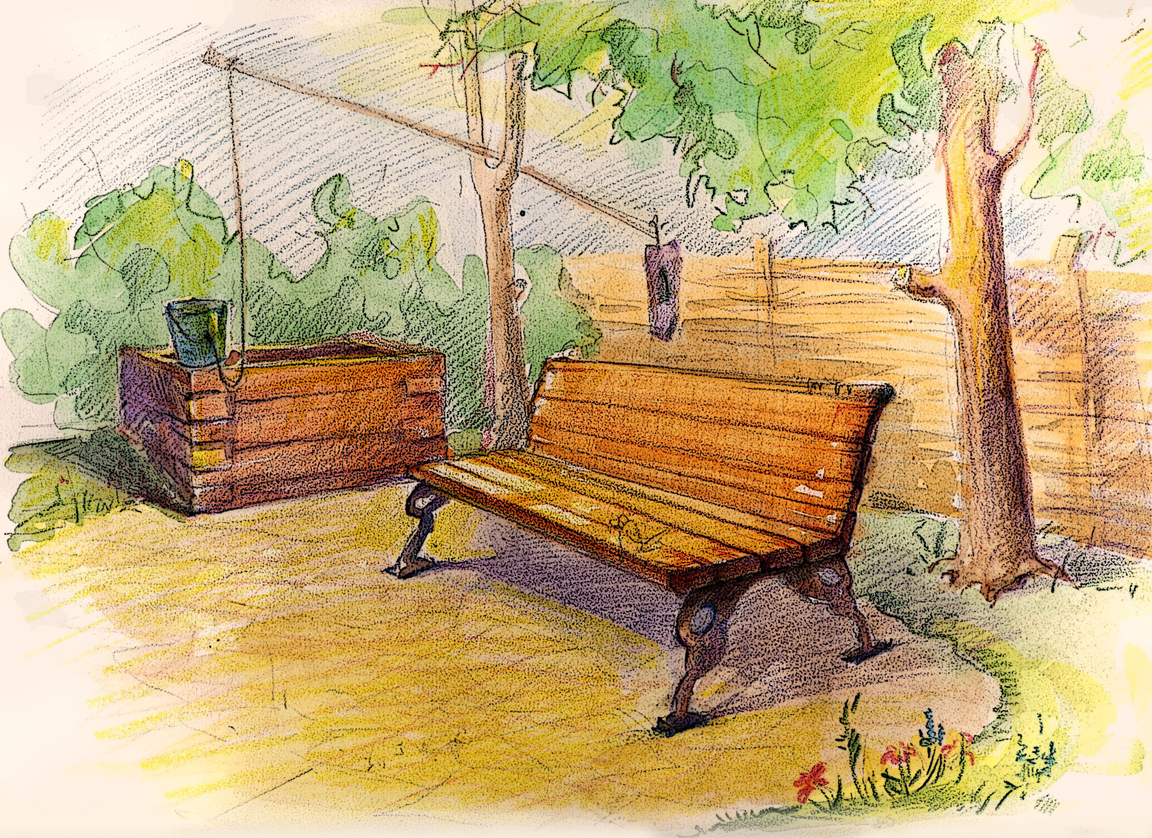 Скамейка в парке рисунок карандашом