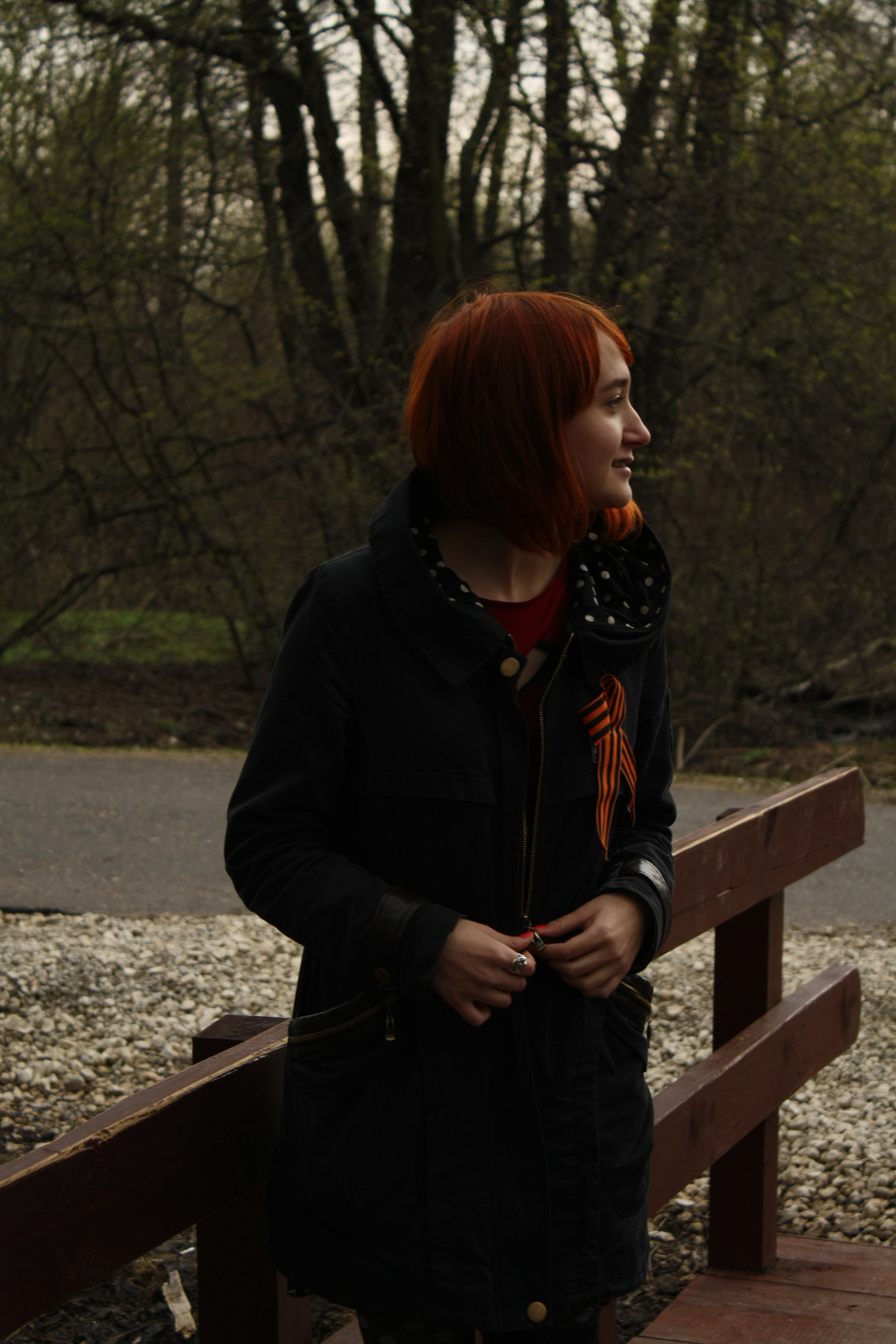 Рыжая девушка на деревянном мостике
