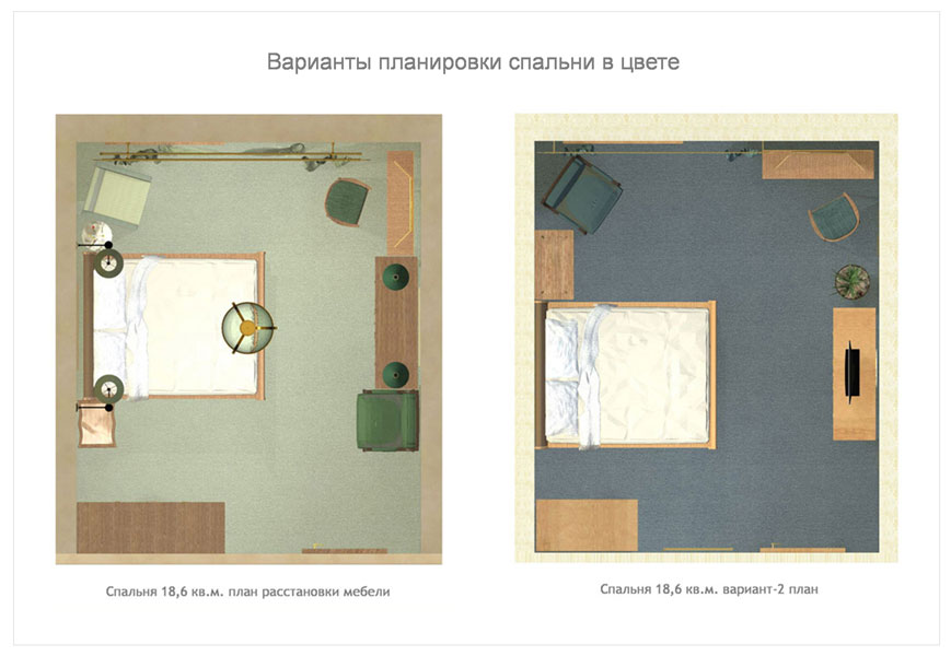 Разные варианты планировочного и цветового решения в спальне 