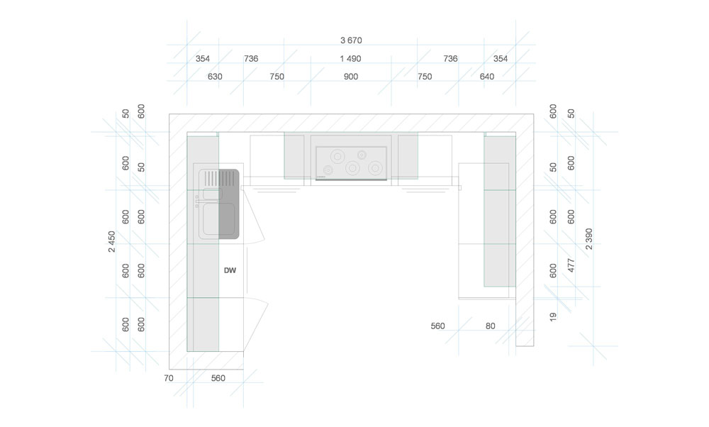 1 проект кухни с размерами - план